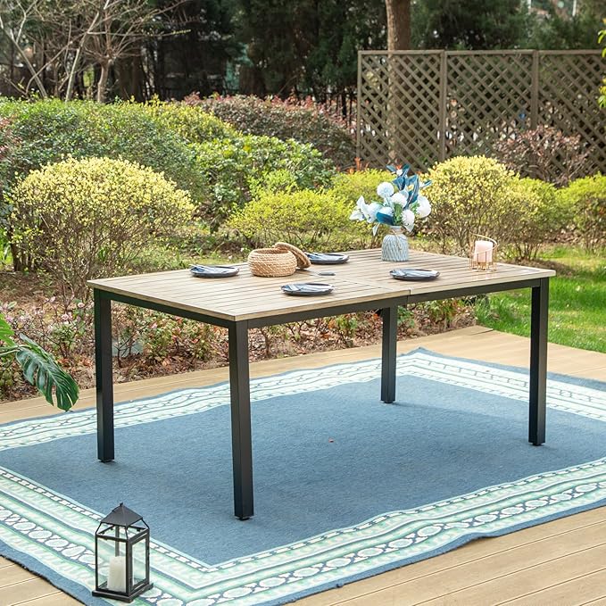 MFSTUDIO Outdoor Patio Dining Table for 6, Rectangle Metal Patio Table 64"x38" Wood-Like Tabletop with Adjustable Umbrella Hole for Deck,Backyard,Lawn,Garden