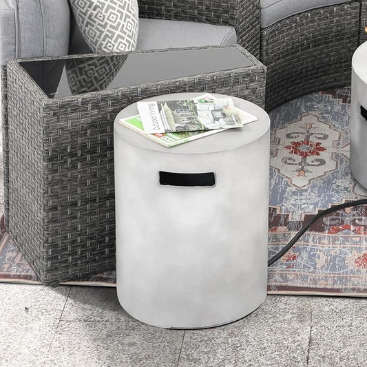 SUNSIT Propane Tank Cover Table, 20 lb Tank Holder, Concrete Storage Box with Handles, Round Hideaway Table for Gas Fire Pit, Grey