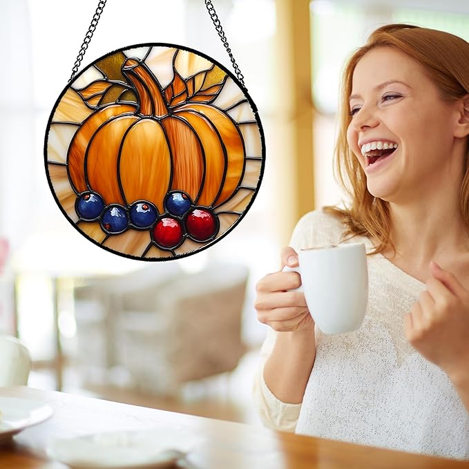 DASTOLL Stained Glass Window Hanging Fall Pumpkin Berries 7.8" - Suncatcher Door Garden Kitchen Sunroom Sun Catcher Autumn Home Decor Birthday for Mom Grandma Men Woman