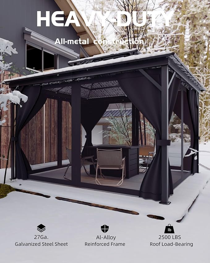 GarveeLife Hardtop Gazebo 10 ft x12 ft for All Weather, with Waterproof Double Metal Roof, Aluminum Alloy Frame, Net, and Curtain, Permanent Building for Patio, Deck, Backyard, Lawn, and Garden