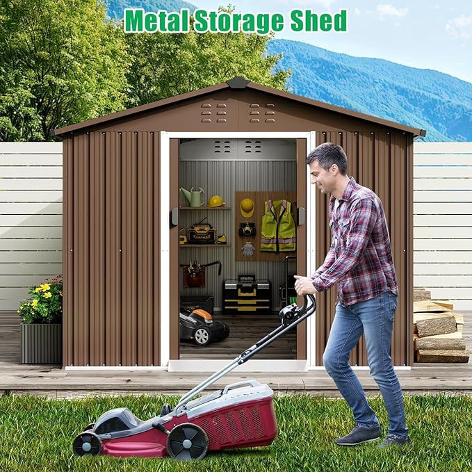 8X12 FT Metal Outdoor Storage Shed, Large Galvanized Steel Garden Tool Shed with Lockable Double Doors & Ventilation - Weatherproof Shelter for Bicycles, Lawn Mowers, Tools in Backyard