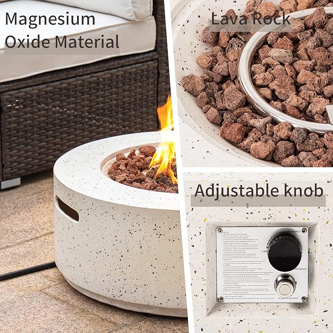 SUNBURY Outdoor 28 Inch Propane Fire Pit Table, Round Fire Table w Tank Table, 40,000 BTU Spotted White Patio Gas Fire Table Waterproof Cover, Lava Rocks