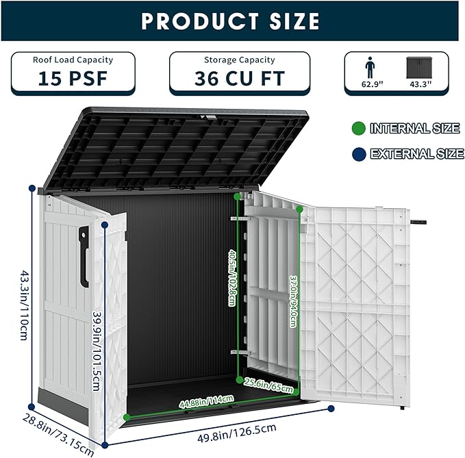 Outdoor Resin Storage Shed 36 Cu. Ft. Garden Horizontal Storage Extra Large Capacity Weather Resistant Storage Box, Lockable Resin Waterproof Shed, Light Grey