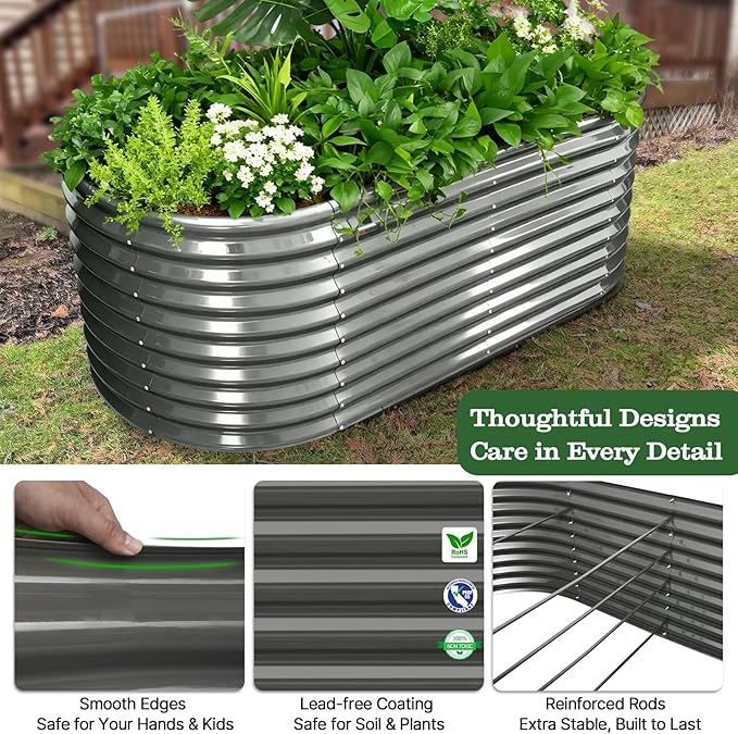 A ANLEOLIFE 30" Extra Tall Galvanized Raised Garden Beds Outdoor, 6x3x2.5ft Oval Metal Planter Boxes for Planting Vegetables, Flowers, Fruits, Eco-Safe & Easy Setup, Quartz Grey