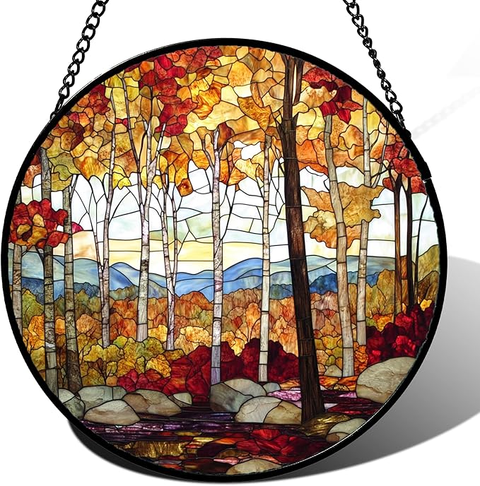 QZQCBLC Stained Glass Window Hanging Fall Birch Tree Forest Scenery 6.3" - Suncatcher Door Garden Sun Catcher Home Decor Birthday Christmas for Mom Men Woman Friend Nana