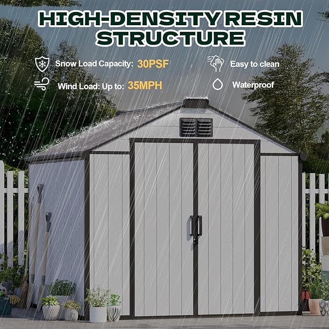 MELLCOM 8 x 8 FT Outdoor Storage Tool Shed with Floor, Resin Storage Shed with Windows and Lockable Door for Bike, Lawnmower, Pool Supply