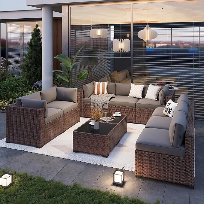 Aoxun Patio Furniture Sets, 10-Piece Outdoor Patio Furniture with Thick Cushions, Wicker Outdoor Conversation Set Sectional Sofa for Backyard, Poolside, Garden