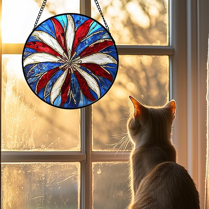AMDERVEN Stained Glass Window Hanging 4 Pcs Set Abstract Flowers in Red White Blue 9.8" - Suncatcher Door Garden Sun Catcher Decor Birthday Mother's Day Xmas Gift for Mom Woman Nana Men Parents