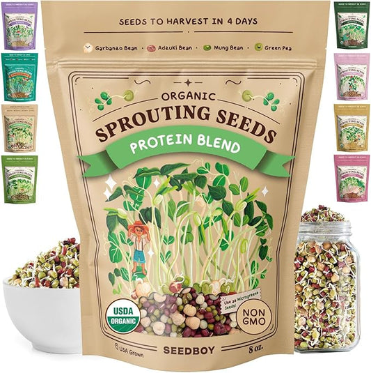 Seedboy Organic Non-GMO Sprouting Seeds, Protein Blend – USA Grown Microgreens Mix with Garbanzo, Mung Bean, Adzuki Beans, Green Pea - 8 oz Bag Makes 2 Quarts / 12 Servings (Protein Blend)