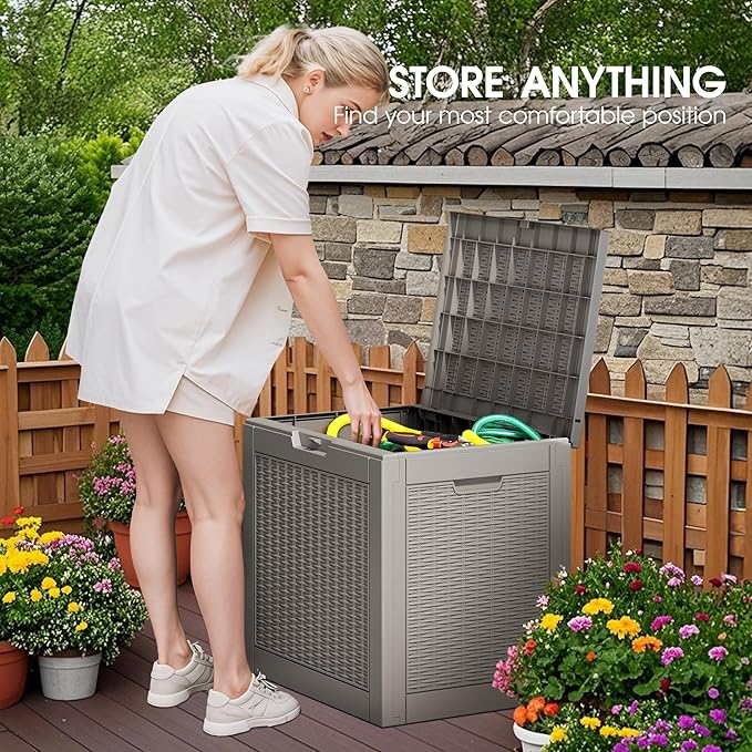 NUNU LAB 35 Gallon Outdoor Storage Box Waterproof, Outside Package Delivery Deck Boxes with Lockable Lid, Backyard Storage Bin For Garden Tools, Patio Cushions, Pool Accessories, Gray