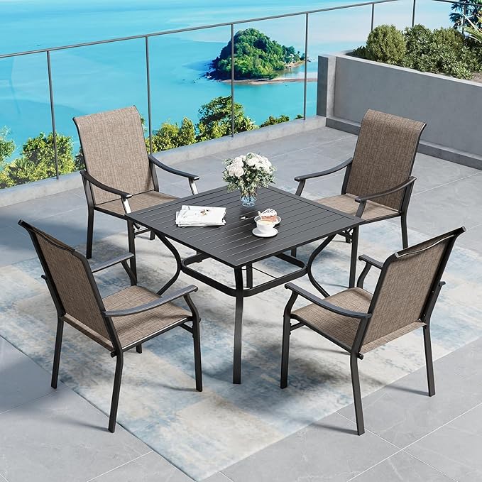 37" Patio Dining Table for 4, Square Patio Table with Umbrella Hole,E-Coating and Powder Coating Steel Frame Metal Outdoor Patio Table for Garden Backyard Lawn Yard