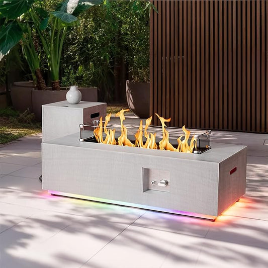 42" Propane Fire Pit Table with RGB LED Light 50,000 BTU Patio Propane Fire Pit Table Includes Wind Guard, Lid, Rocks & Cover - Deck Firepit - Chimenea de Gas (Light Gray/RGB Light, 42" LED)