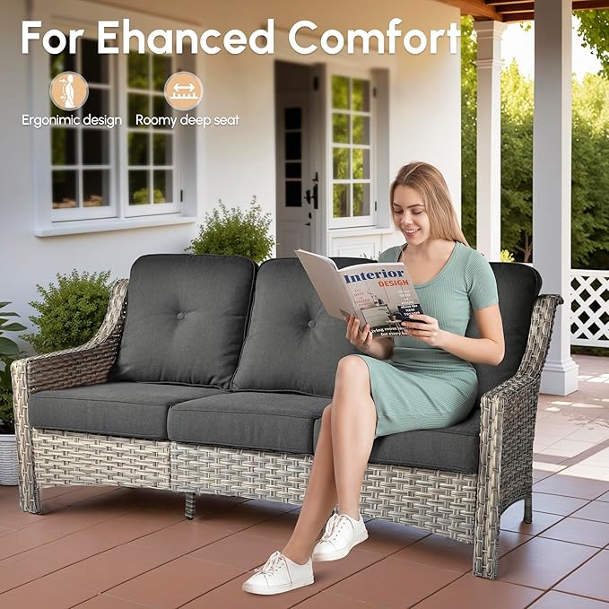 5 Pieces Patio Outdoor Furniture Set with Swivel Rocking Chairs,All Weather Wicker Rattan Patio Seating Sofa and Chair Set w/Glowing Table,Outdoor Conversation Sets for Deck Yard Garden,Black
