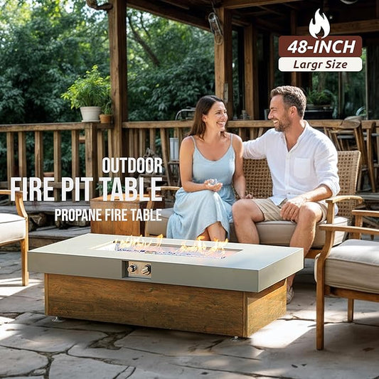 Outdoor Propane Fire Pit – 48" Fire Table with 50,000 BTU, Modern Propane Fire Pit with Adjustable Flame & Matching 20 lb Tank Stand for Patio, Garden, Deck
