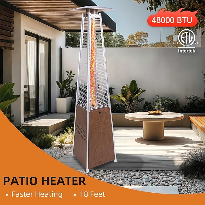Patio Heater with Cover, 48,000 BTU Pyramid Flame Outdoor Heater, Propane, Detachable Wheels, Quartz Glass Tube for Patio, Garden, Courtyard, Park, Poolside (Brown)