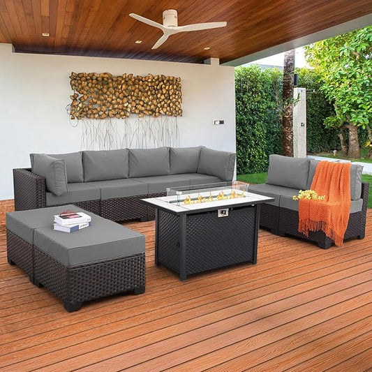 9 Pieces Wicker Patio Furniture Set Outdoor PE Rattan Sectional Conversation Sofa Set with Grey Cushions and 45” Gas fire Pit Table