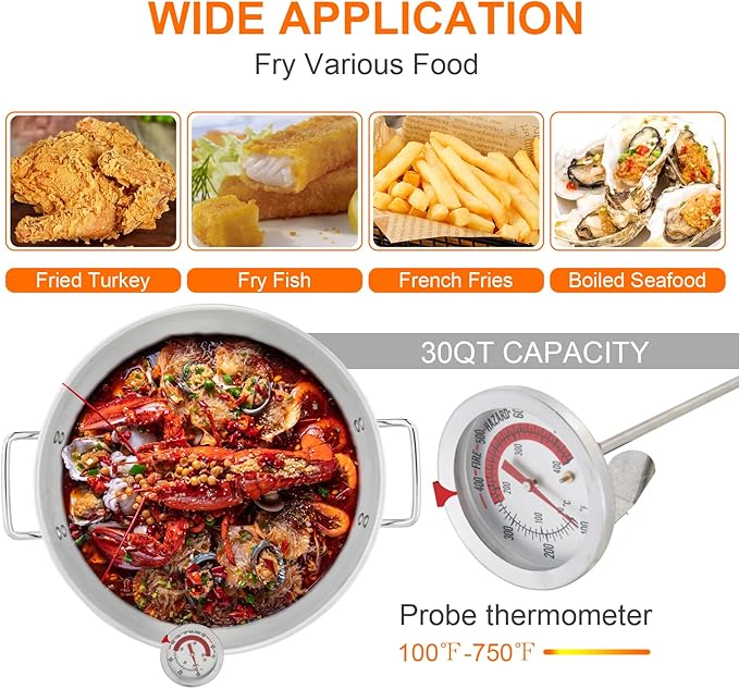 ROVSUN 30QT Turkey Fryer with Boiler Steamer Set Basket & 55000BTU Propane Burner, Outdoor Deep Fryer & Seafood Crawfish Boil Pot with Thermometer, Marinade Injector, Turkey Rack & Rack Lifter