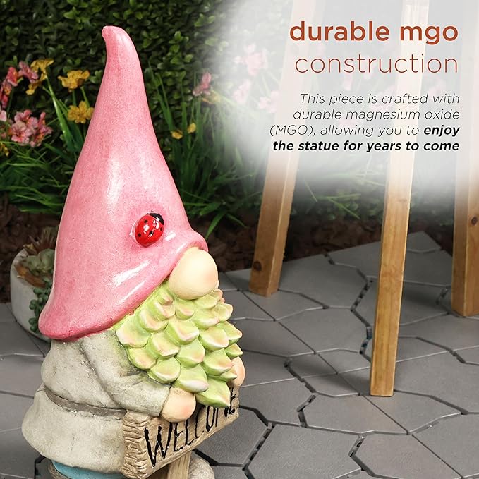 Alpine Corporation 19" Tall Outdoor Red Hat Holding “Welcome” Sign Gnome Statue, Stylish Weatherproof Garden Decor