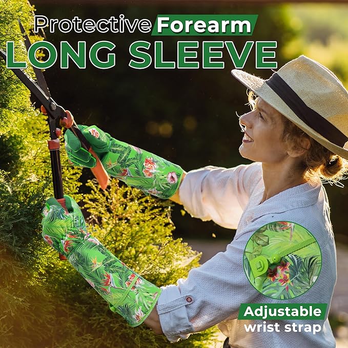 HANDLANDY Women Gardening Gloves, Scratch Resistant Breathable Ladies Rose Pruning Long Gauntlet Floral Print Garden Yard Gloves, Gift for Gardeners (Green, L)