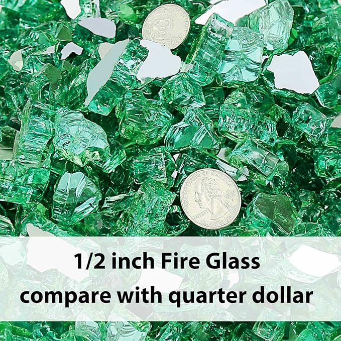 GRISUN 20 lbs Green Fire Glass for Fire Pit, 1/2 Inch High Luster Reflective Fire Pit Glass for Natural or Propane Fireplace, Fire Table, Safe for Outdoors and Indoors Tempered Glass Rocks