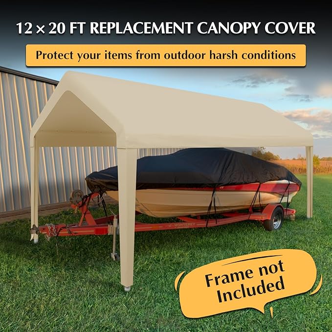 12x20 Canopy Replacement Cover, Carport Replacement Canopy Top Cover for 12' x 20' Frame, 800D Heavy Duty Waterproof & UV Protected Car Canopy with Ball Bungees (Frame is not Included) (Beige)