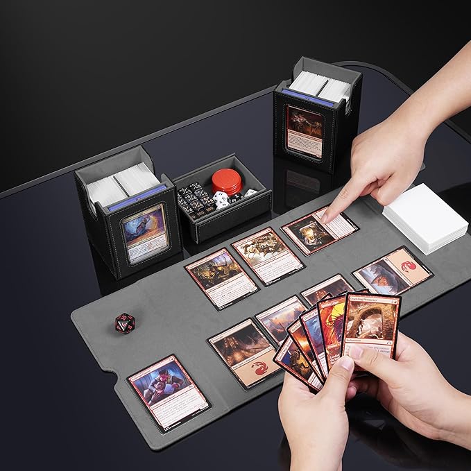 ZLCA Card Deck Box with Commander window Display, MTG Deck Box with Dice Tray Holds 200+ Double-Sleered Cards,Card Storage Case fit for YuGiOh,MTG,Sport (Black&Grey)