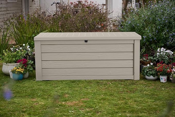 Keter Westwood 150 Gallon Resin Large Outdoor Storage Box for Patio Furniture, Outdoor Cushions, Garden Tools and Pool Floats, Beige