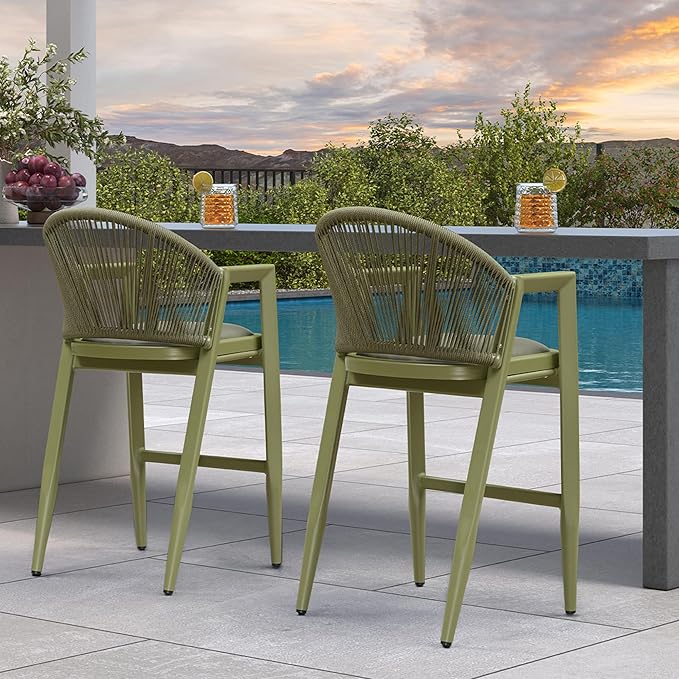 PURPLE LEAF Outdoor Bar Stools Set of 2 - Wicker Woven Height Chairs, Aluminum Barstool for Patio Kitchen Island Lawn, Green