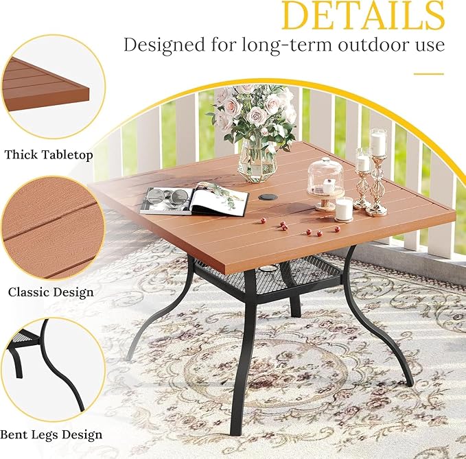 VICLLAX Square Outdoor Patio Table, All Weather Wood Grain Outdoor Dining Furniture, 38.6"x 38.6" Walnut Plastice Tabletop