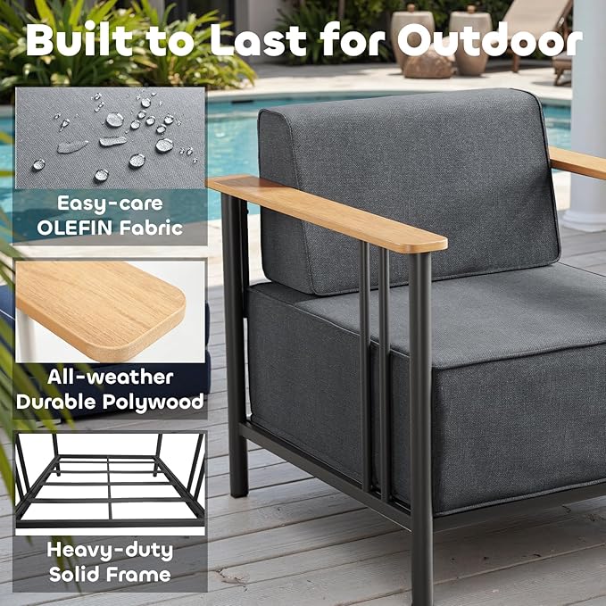 Luxury Patio Furniture Set with 10" Extra Thick Cushions, 6 PCS Outdoor Furniture Set with Patio Chairs & Couch & Coffee Table, Suitable for Porch, Balcony, Deck, Yard, Poolside, Black/Grey