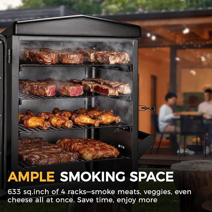 Electric Smoker with Cover, LED Display Build in Meat Probe Large Capacity BBQ Smokers, 4 Racks Smoke More with 633 sq in Cooking Area