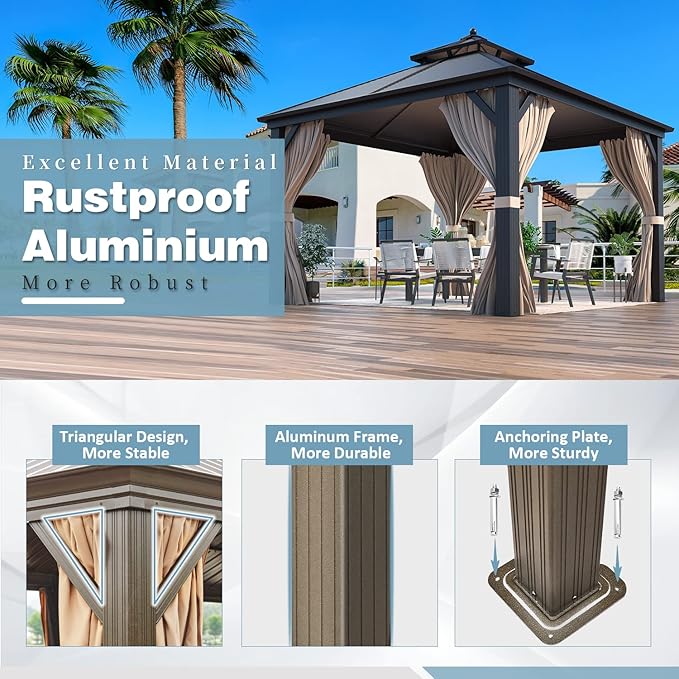 MELLCOM 12' x 12' Hardtop Gazebo, Galvanized Steel Double Roof Outdoor Gazebos, Aluminum Frame with Netting and Curtains for Patios, Gardens, Lawns