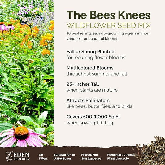 Eden Brothers The Bees Knees Wildflower Mixed Seeds for Planting, 1 lb, 480,000+ Seeds with Siberian WallFlower, Cosmos | Attracts Pollinators, Plant in Spring or Fall, Zones 3, 4, 5, 6, 7, 8, 9, 10