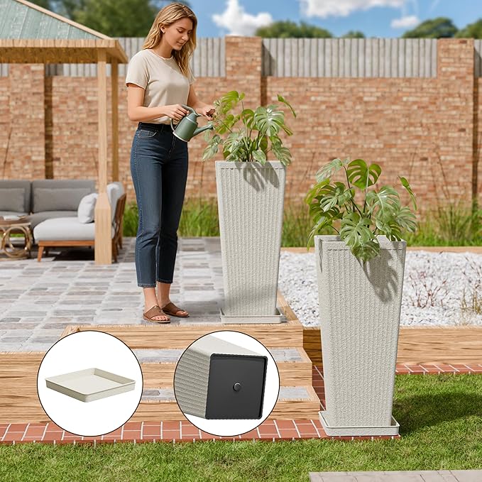 Tapered Tall Planters for Outdoor Plants 2 Pack- 23.6 Inch Heavy-Duty Classic Square Indoor Flower Pots with Drainage Holes/Partition/Tray, Large Outdoor Planters for Porch Patio, Beige