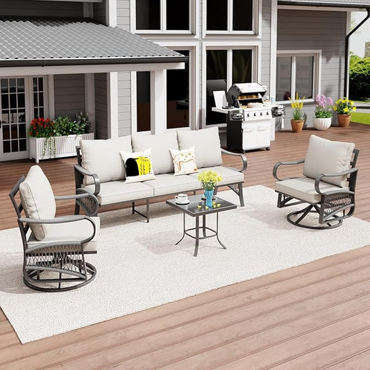 4 Piece Patio Furniture Set, All Weather Metal Outdoor Conversation Set with Swivel Chairs, Thick Cushions and Coffee Table for Garden, Porch, Lawn, Beige