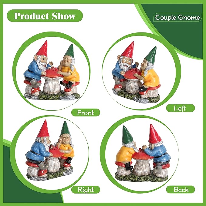 Wiresusan Garden Gnome Statue for Outdoor Decoration, Couple Gnome Figurine on Mushroom for Outside, Garden Mr and Mrs Gnome Playing Chess Sculptures for Yard Lawn Patio Decor, Love Gifts for Women