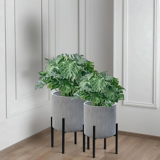 ARNIS Modern Plant Pots, Set of 2 Large Planters with Stand, Decorative Planters, Metal Pots with Drainage Holes for Living Room, Office, Garden or Balcony, 8.25 &10.5 Inch, Dark Cement Matte