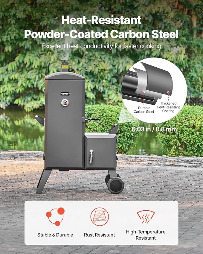 VEVOR Charcoal Offset Smoker, Heavy-Duty Steel BBQ Offset Smoker with Side Firebox, Movable Outdoor Barbecue Smokers with 6 Adjustable Grates, Thermometer & Air Vents for Backyard Patio Party Cooking