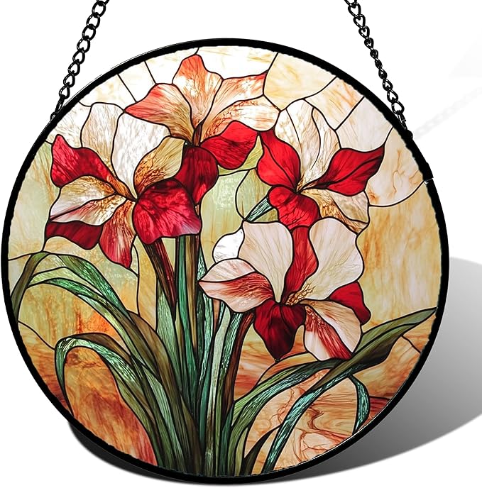 CRISGIF Stained Glass Window Hanging - Red Gladiolus Flower Suncatcher for Door Yard Sun Catchers Decor Christmas Mother's Day Birthday Gifts for Lovers Women Mom Nana Girlfriend Wife 15 in