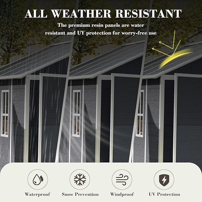 Resin Storage Shed 8x8ft, Outdoor Storage Sheds with Floor, Window, Lockable Doors and Vents, 12mm Thick pp Board, Large Storage Space Tool Shed for Bike, Garden, Backyard, Lawn (Dark Gray, 8 * 8ft)