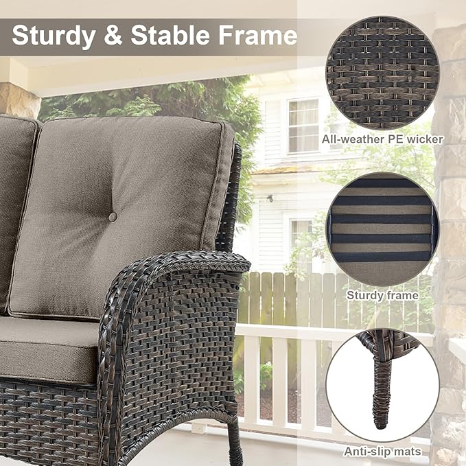 Belord 5 Piece Wicker Patio Furniture Set - Outdoor Conversation Sets with Deep Seating Swivel Rocker Chairs Loveseat and Rattan Coffee Table for Deck Backyard Poolside, Brown Wicker/Gray Cushion