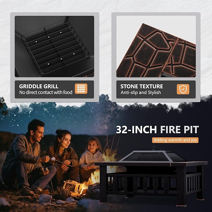 Greesum Multifunctional Patio Fire Pit Table, 32in Square Metal BBQ Firepit Stove Backyard Garden Fireplace with Spark Screen Lid and Rain Cover for Camping, Bonfire and Picnic, Reddish Brown
