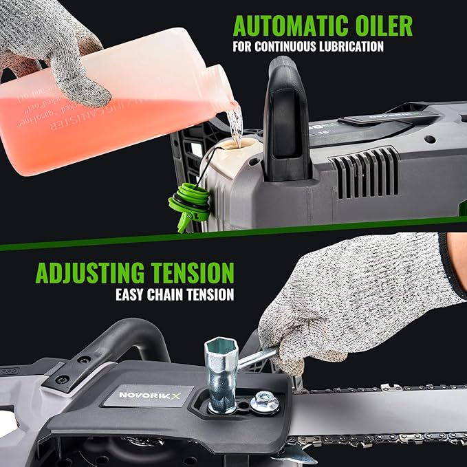 NovorikX 60V Brushless Cordless Chainsaw, 18"&16" Electric Chain Saw with 5.0Ah Battery & Charger, Automatic Oiler, Tool-Free Tension for Tree Trimming & Wood Cutting