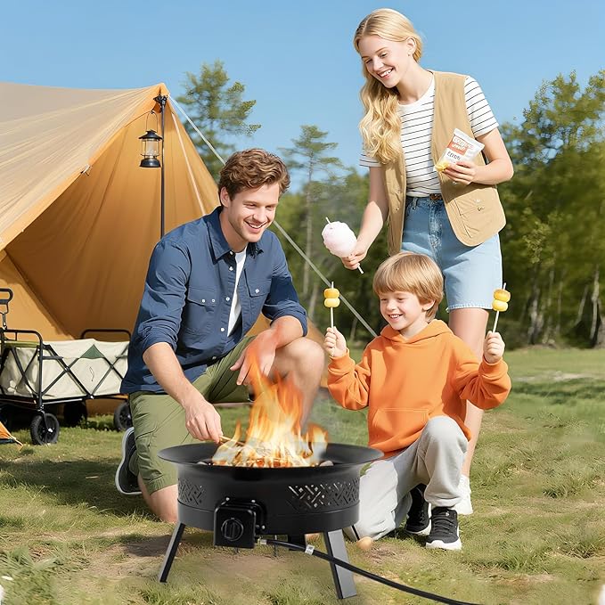 Tangkula Portable Propane Fire Pit, 24.5 Inch 58,000 BTU Smokeless Fire Bowl with Carry Strap, Lid & Folding Legs, Tank Base Holder, Outdoor Gas Fire Pit for Camping Patio Backyard