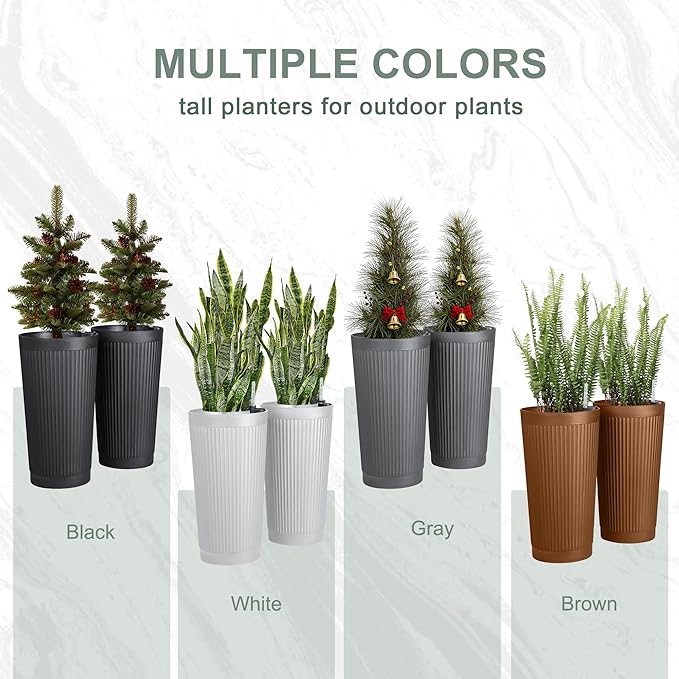 24" Large Planter Set of 2, Self Watering Tall Plastic Planters for Outdoor Plants, Modern Flower Pots Planter Outdoor for Patio, Front Door Decor, with Drainage (Gray Ribbed)