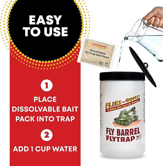 Flies Be Gone Outdoor Fly Trap Reusable – with 2 Dissolvable Fly Attractant Refill Packets & 1 Suspension Strap - Best Non-Toxic Catcher for Your patios, Home and Commercial Use