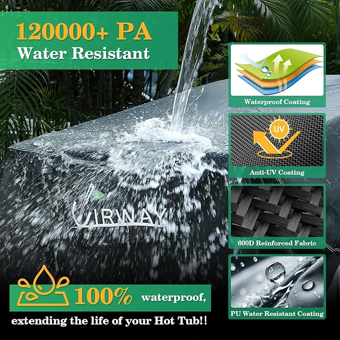 Uirway 600D Square Hot Tub Cover 91”L x 91”W x 20”H [2025 Upgraded Heavy Duty Fabric] Outdoor Waterproof SPA Covers for Hot Tub, New Super Windproof Straps, Hot Tub Winter Cover Protector with Anti-UV