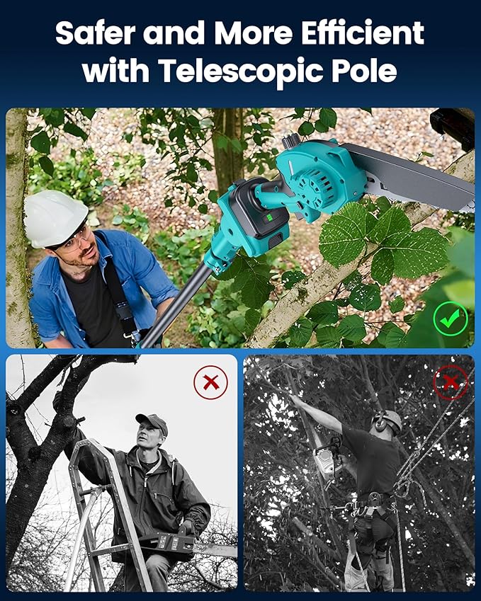 8" Electric Pole Saw for Tree Trimming,Brushless Mini Chainsaw Cordless with Extension Pole 2 Batteries, 2-in-1 Hand held & Pole Pruner for Cutting Tree Limbs Branches
