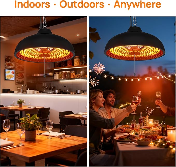 Hanging Patio Heater, Ceiling Mounted, Electric Patio Heater, Built in Temperature Control, Suit for Outdoor/Indoor, Greenhouse, 600W/900W/1500W, Black