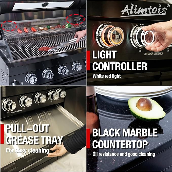 82 Inch 6 Burner 85000 BTU Deluxe Stainless Steel Gas BBQ Island Outdoor Kitchen with Wine Cooler, Rotisserie Kit, Granite Countertops & Stainless Steel Sink - Modular Outdoor Kitchen